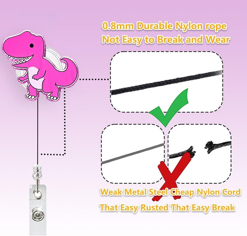 LEBEIGHT Pink Dinosaur Badge Reel Retractable for Nurse Nursing RN CNA LPN Medical Worker & Teacher, Cute T-Rex Dino Badge Clip, Pediatric Nurse ID Badge Holder with Alligator Clip & 24” Durable Nylon Cord - Image 4
